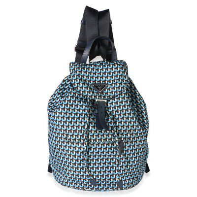 Prada Blue Geometric Print Nylon Tessuto Drawstring Logo Backpack Handbag id