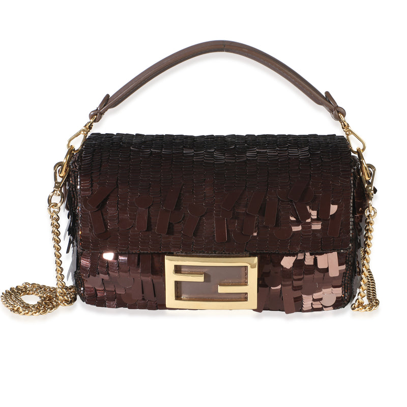 Fendi Marrone Scuro Sequin Paillettes Vitello Grace Sex And The City Mini Baguet Handbag id