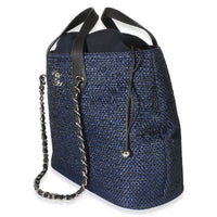 Chanel Navy Blue Raffia CC Expandable Shopping Tote Handbag 2