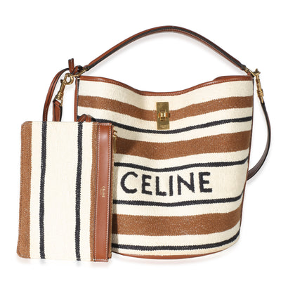 Celine Beige Brown Striped Textile Jacquard Bucket 16 Bag Handbag id