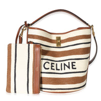 Celine Beige Brown Striped Textile Jacquard Bucket 16 Bag Handbag id