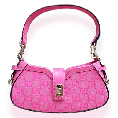 Gucci Pink Calfskin GG Canvas Mini Moon Side Shoulder Bag Handbag id