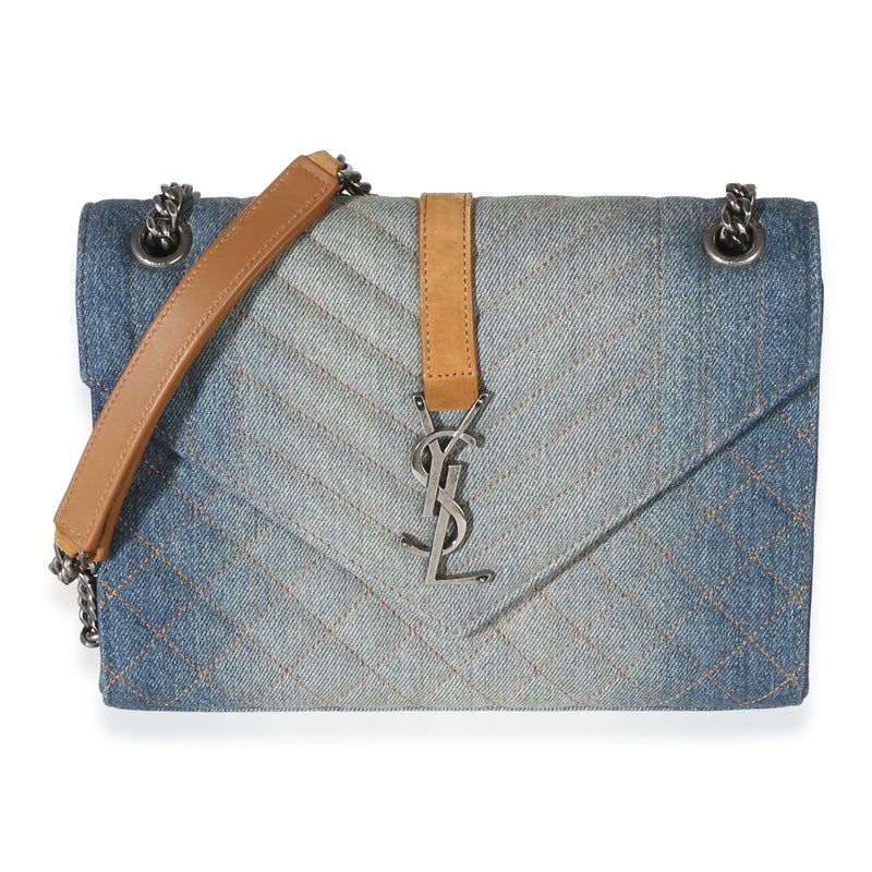 Saint Laurent Blue Denim Mixed Matelasse Triquilt Medium Envelope Satchel Handbag id