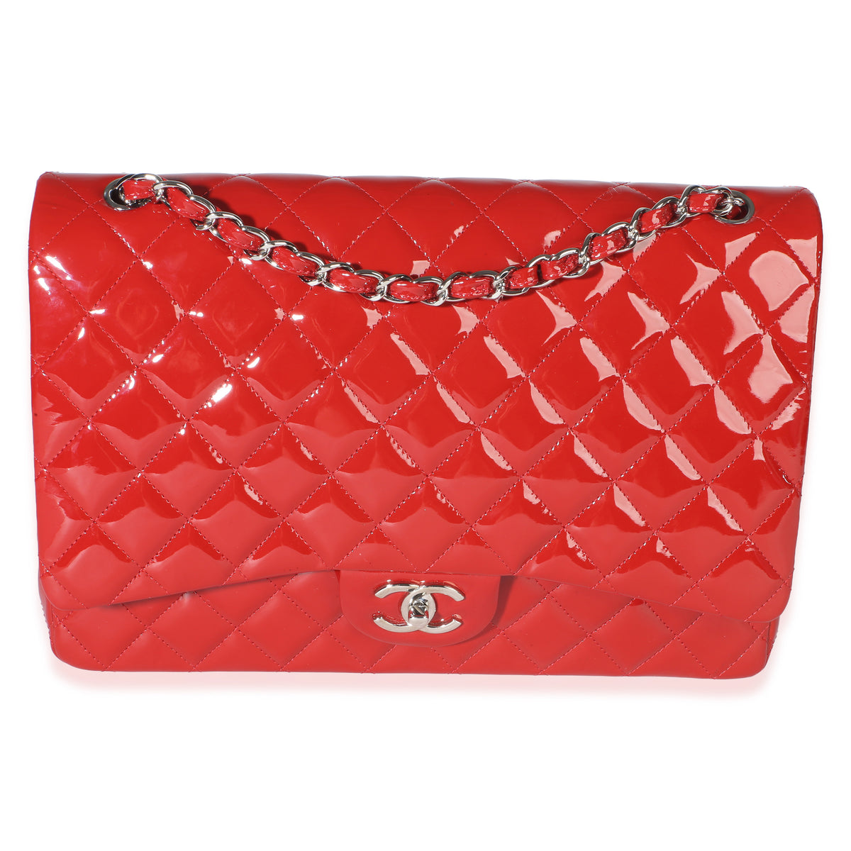 Chanel Red Quilted Patent Maxi Classic Double Flap Bag Handbag 8