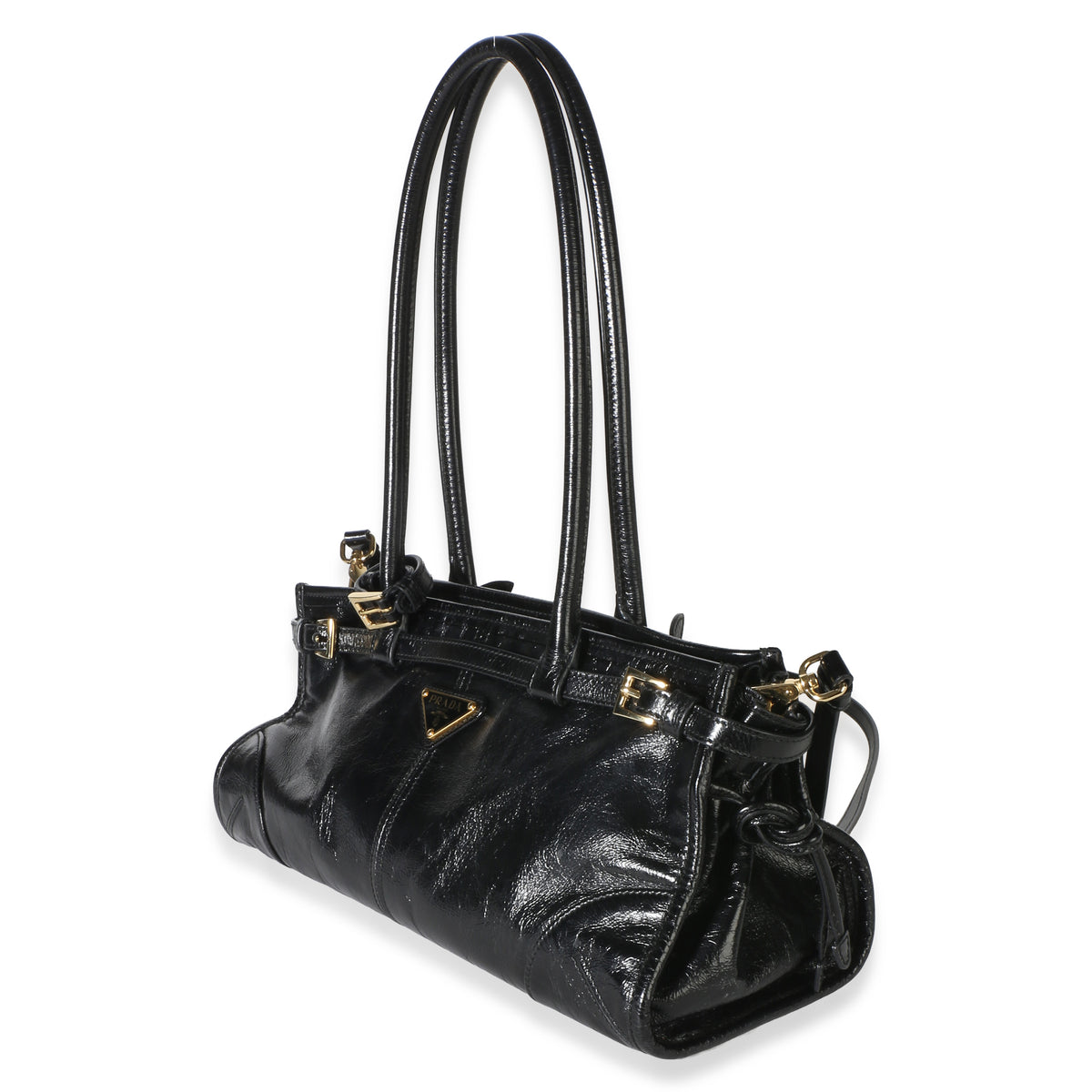 Prada Black Glossy Calfskin Triangle Medium Bonnie Shoulder Bag Handbag 2