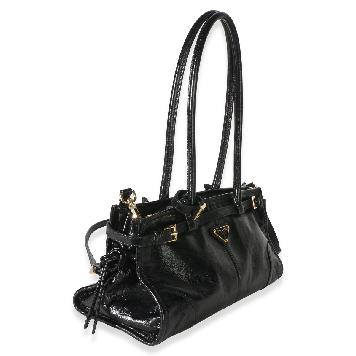 Prada Black Glossy Calfskin Triangle Medium Bonnie Shoulder Bag Handbag 3