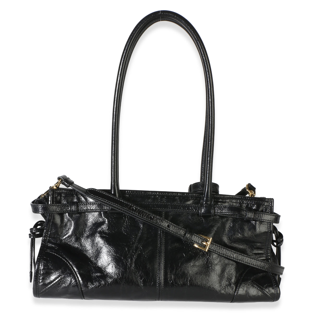 Prada Black Glossy Calfskin Triangle Medium Bonnie Shoulder Bag Handbag 4