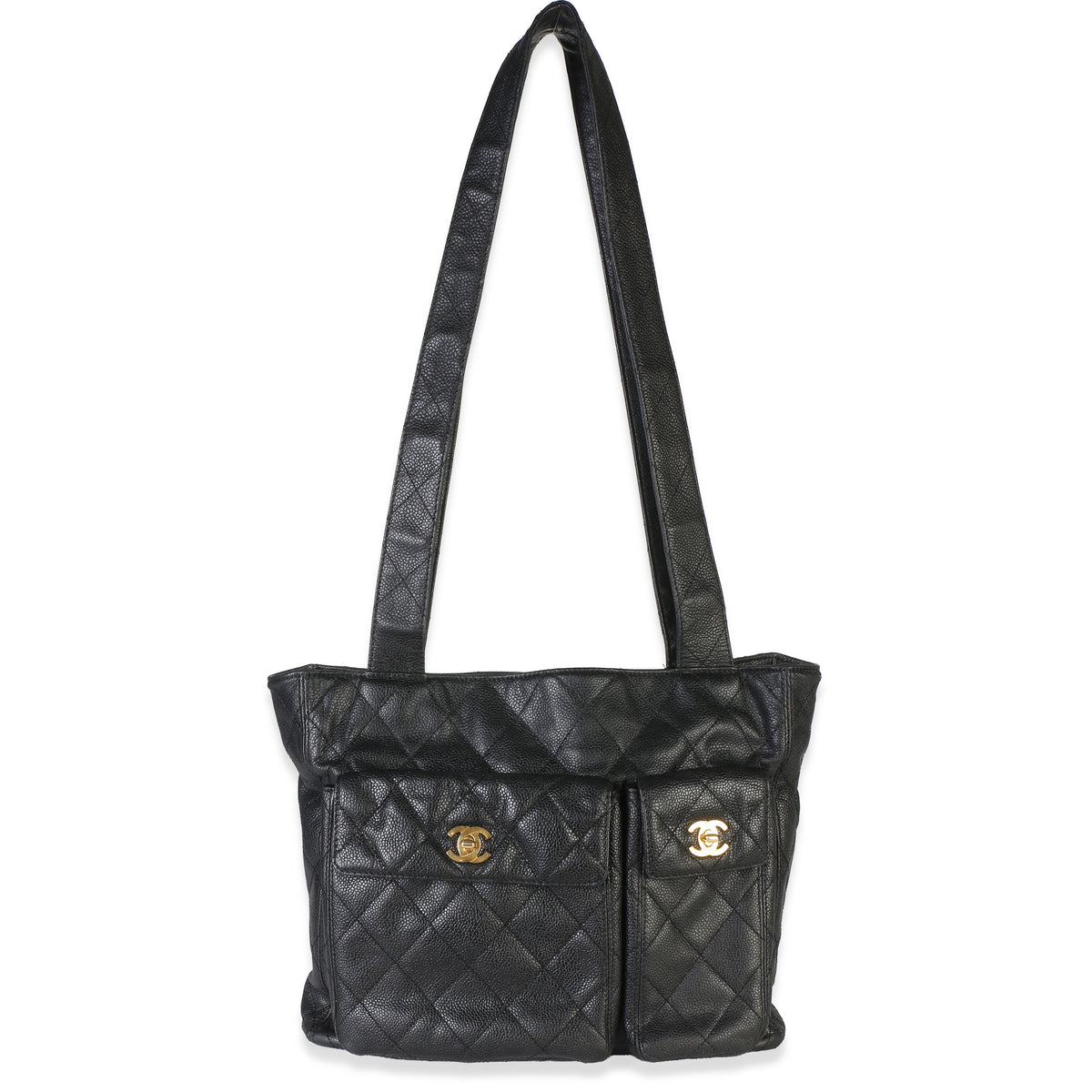 Chanel Vintage Black Quilted Caviar Double Pocket Tote Handbag id
