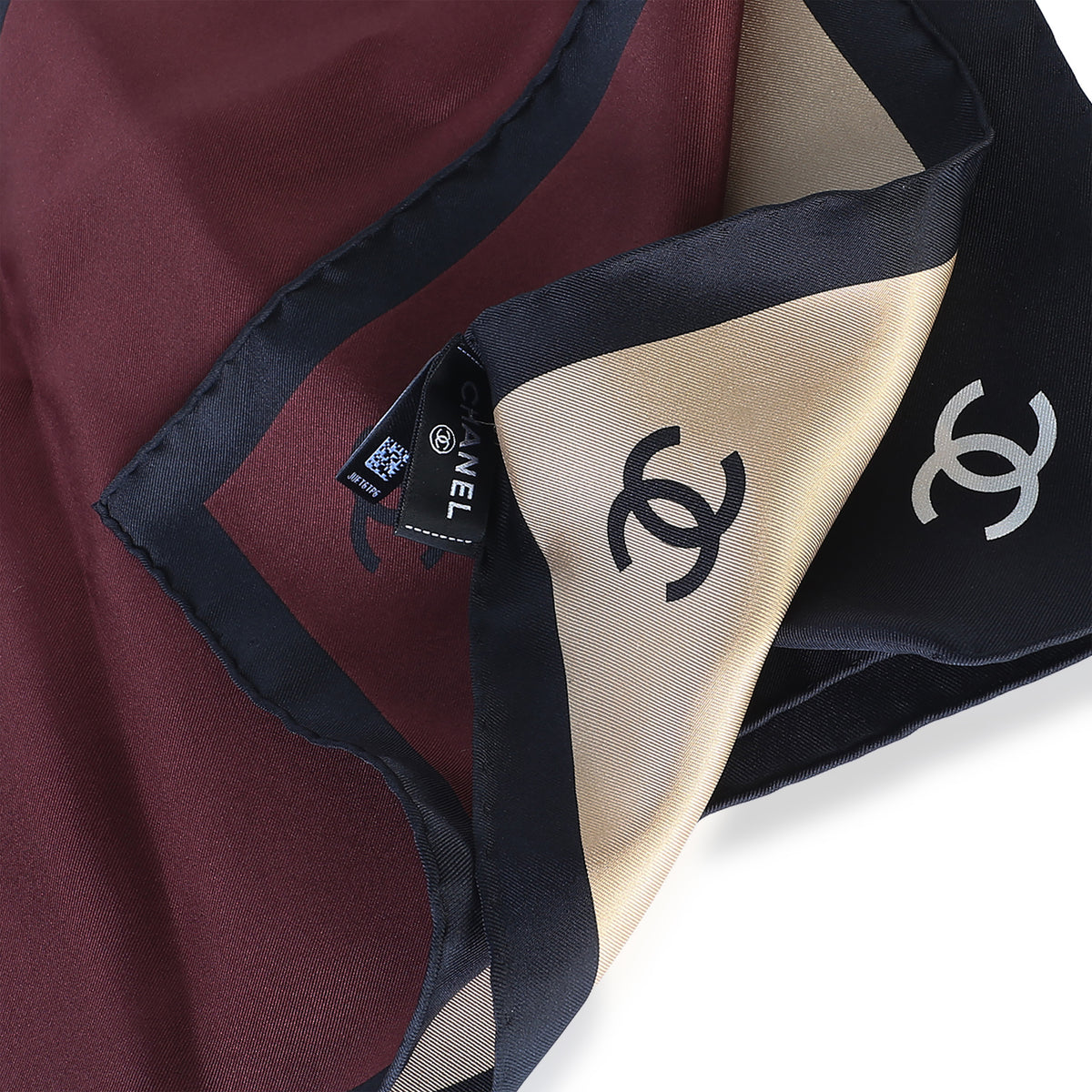Chanel Ecru Beige Burgundy Black Silk Square Scarf 4