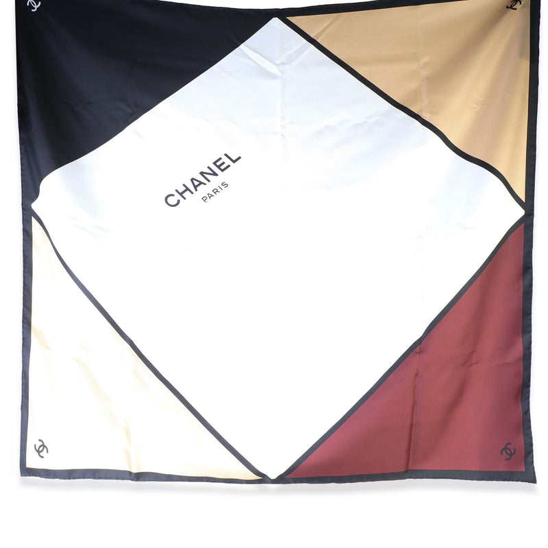 Chanel Ecru Beige Burgundy Black Silk Square Scarf id