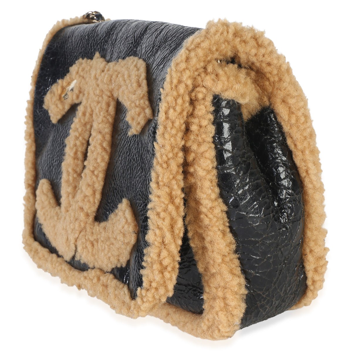 Chanel Black Shiny Crumpled Sheepskin Shearling CC Mania Flap Bag Handbag 2