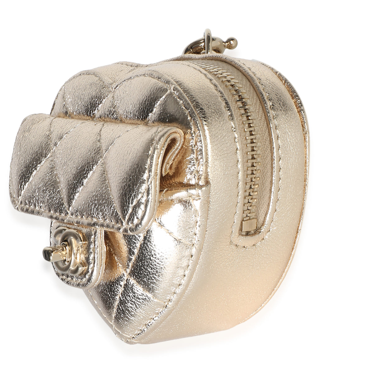 Chanel Gold Metallic Quilted Lambskin CC Mini In Love Heart Bag Charm 2