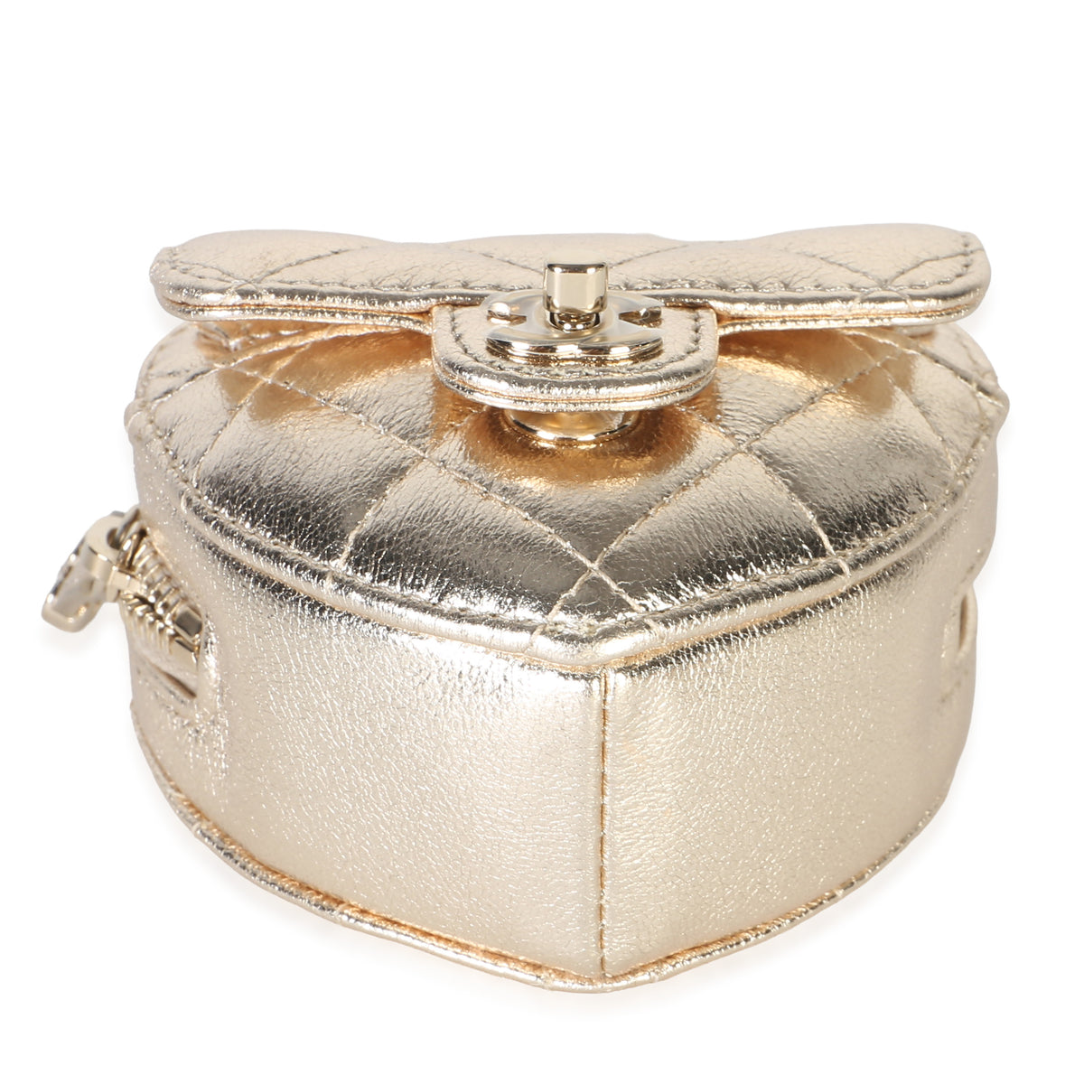 Chanel Gold Metallic Quilted Lambskin CC Mini In Love Heart Bag Charm 5