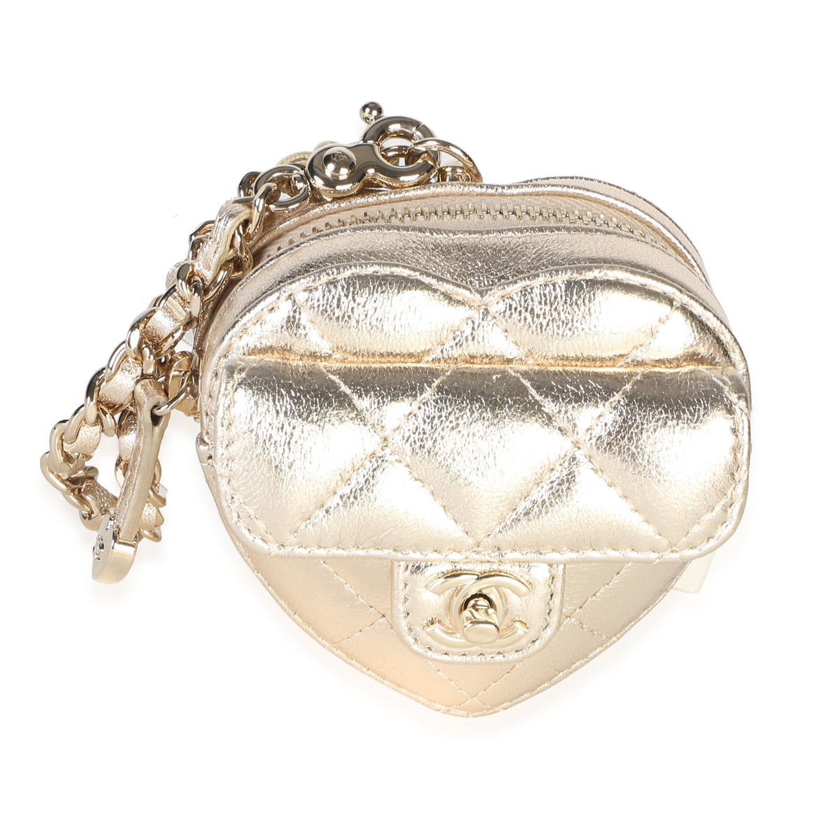 Chanel Gold Metallic Quilted Lambskin CC Mini In Love Heart Bag Charm id