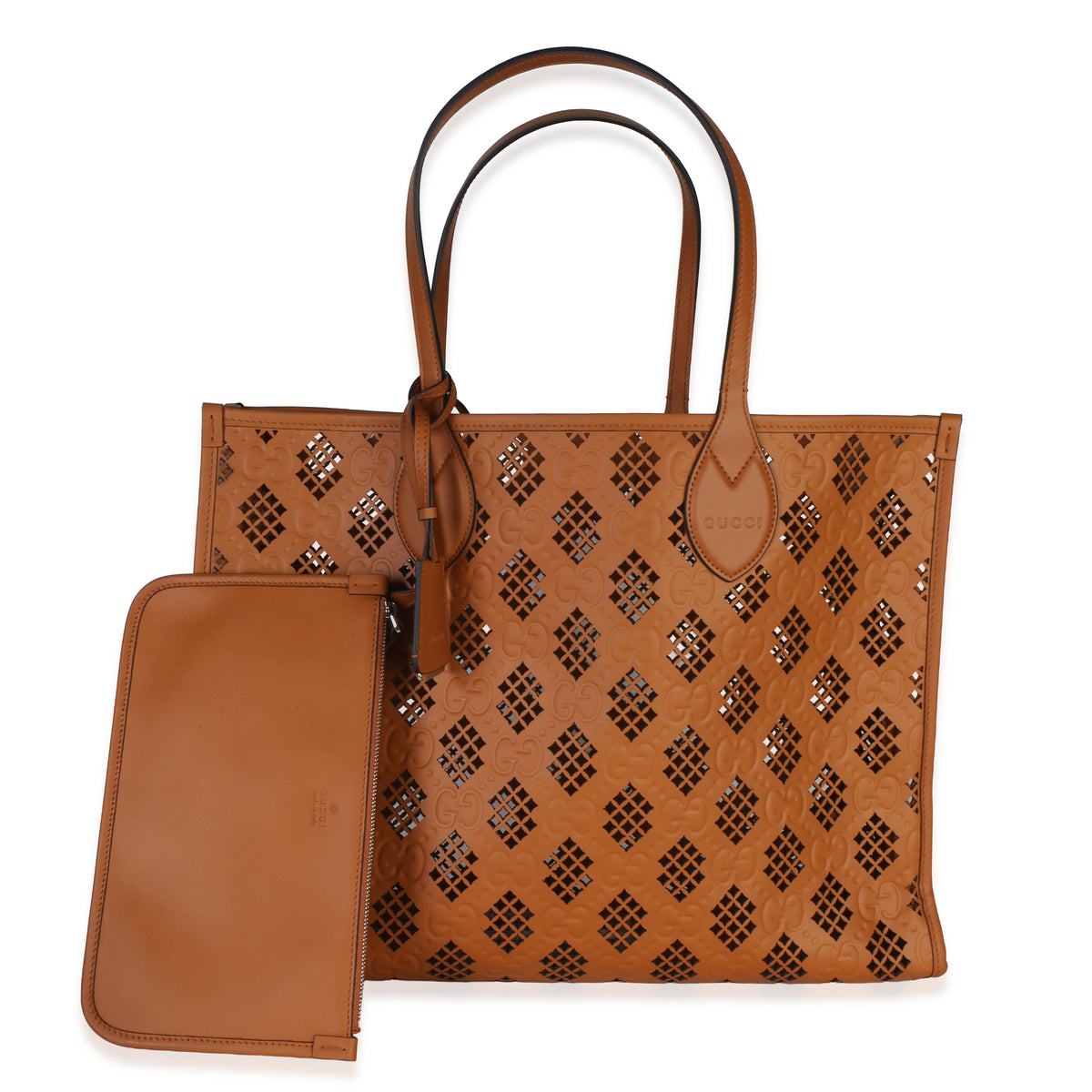 Gucci Brown GG Debossed Calfskin Diamond Cutout Medium Tote Handbag id