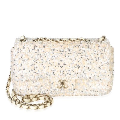 Chanel Cream Silver Sequin Small Single Flap Bag Handbag id