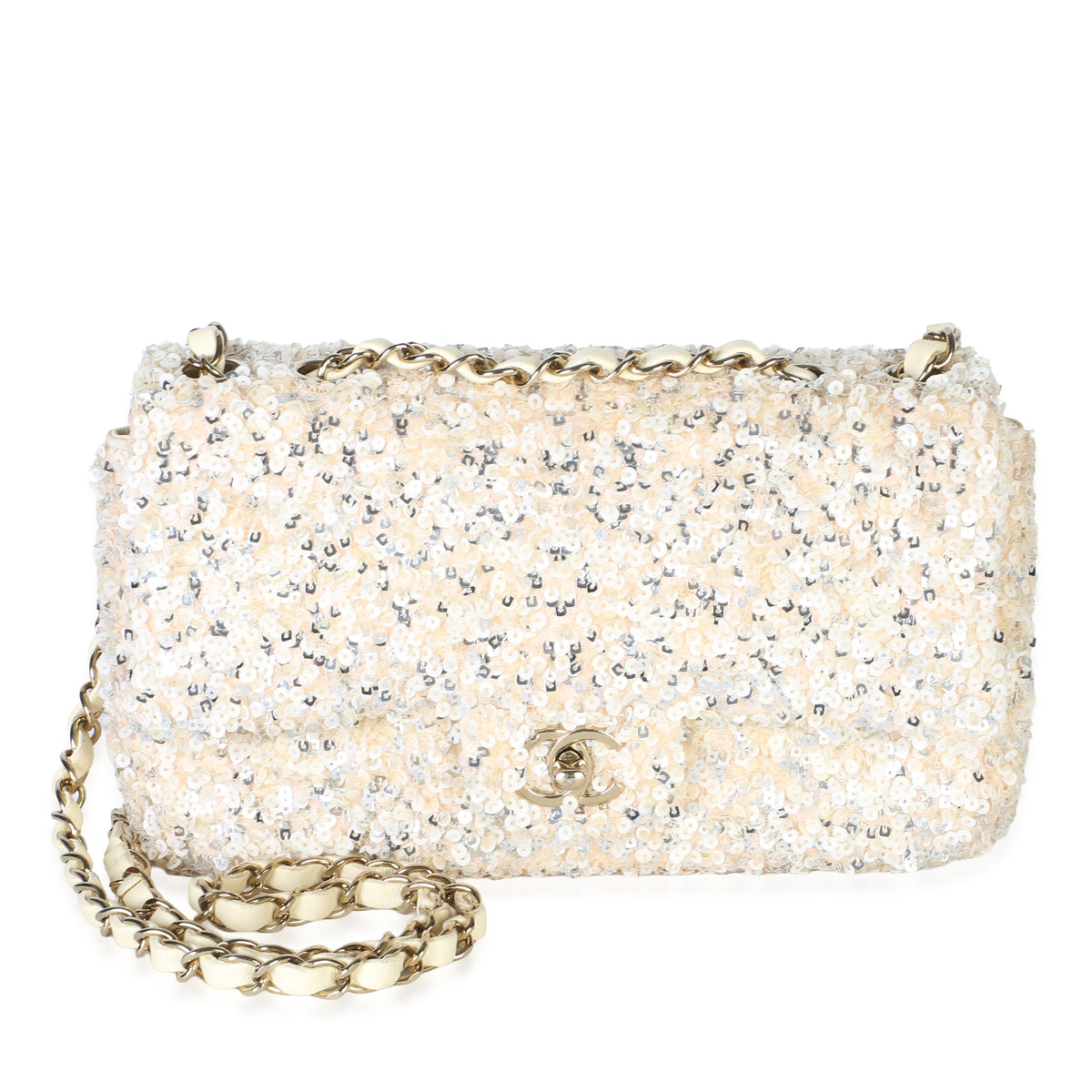 Chanel Cream Silver Sequin Small Single Flap Bag Handbag id