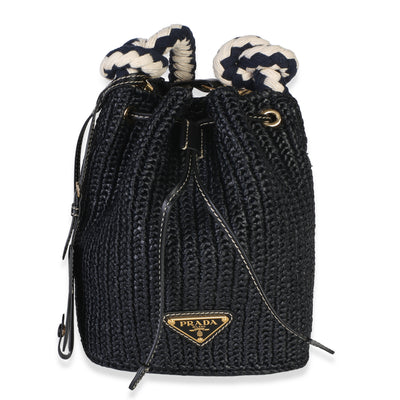Prada Black Yarn Raffia Effect Crochet Mini Drawstring Bucket Bag Handbag id