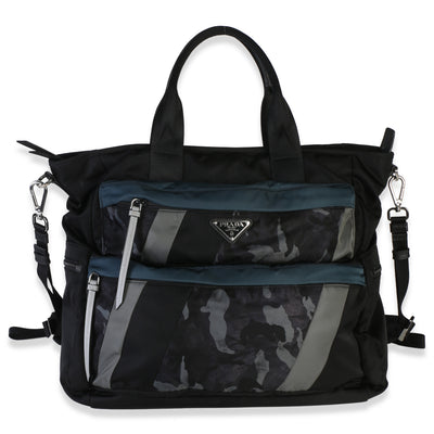 Prada Black Camo Nylon Front Double Pocket Tote Handbag id