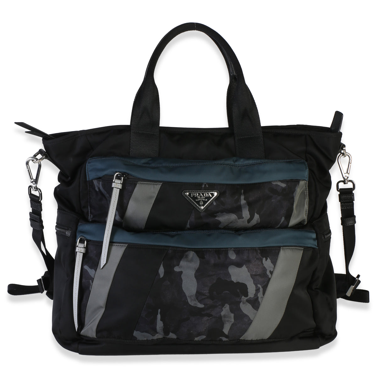 Prada Black Camo Nylon Front Double Pocket Tote Handbag id