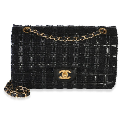 Chanel Black Tweed Woven Patent Medium Classic Double Flap Bag Handbag id
