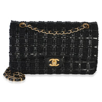 Chanel Black Tweed Woven Patent Medium Classic Double Flap Bag Handbag id