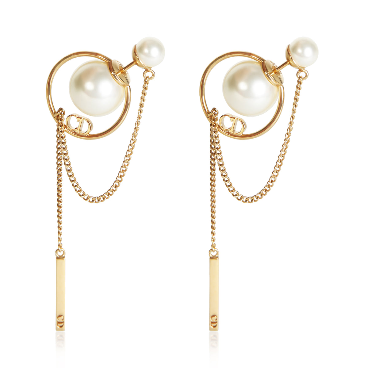 Christian Dior Gold Plated Faux Pearl Tribales Chain Drop Earrings 2