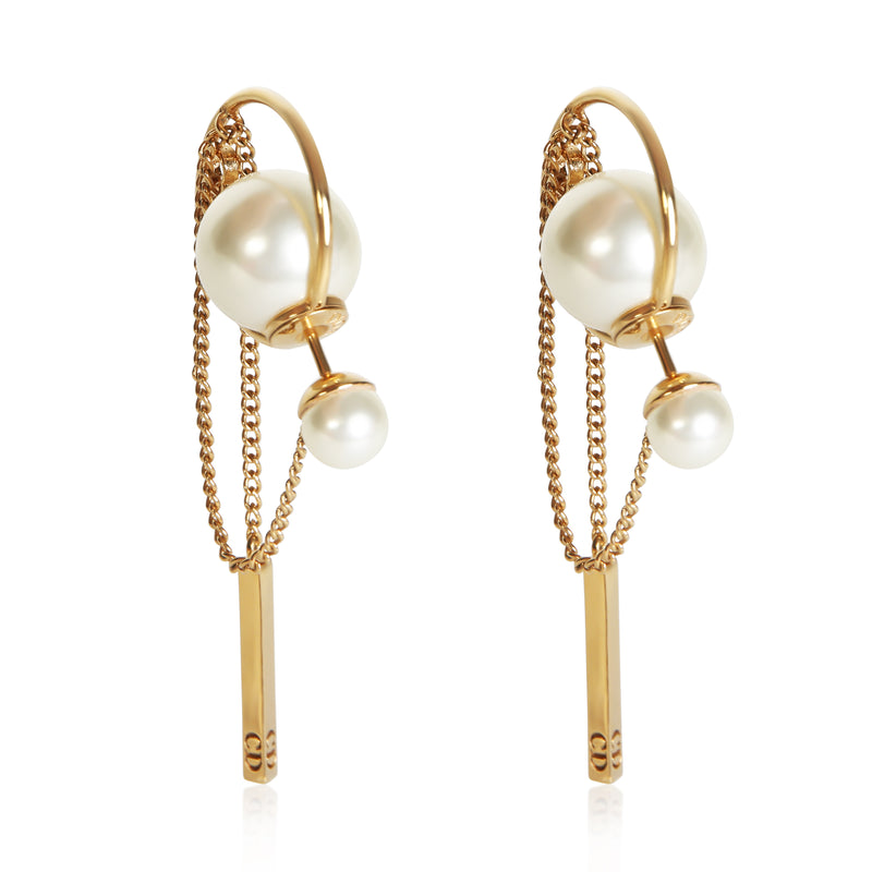 Christian Dior Gold Plated Faux Pearl Tribales Chain Drop Earrings fv
