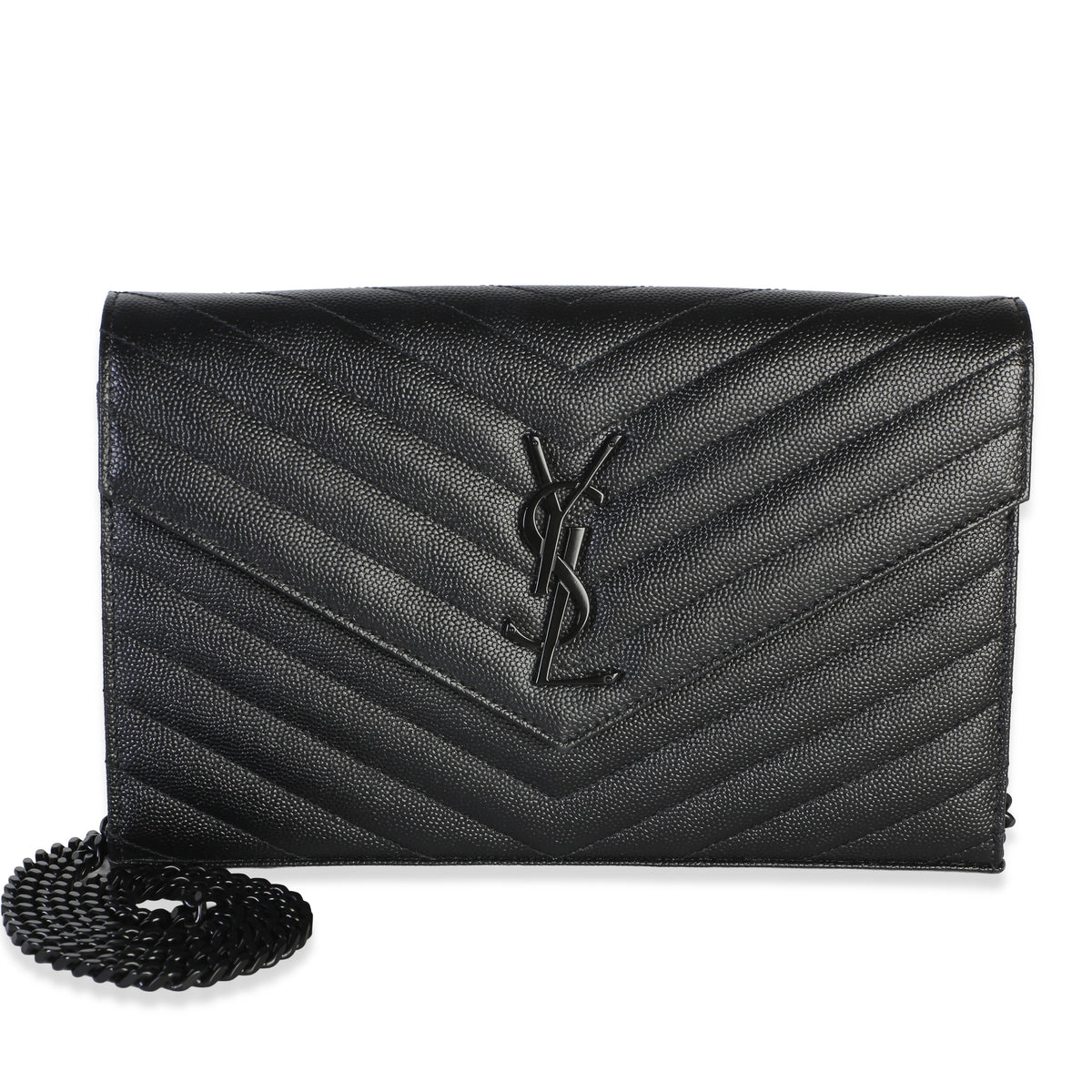 Saint Laurent Black Grain De Poudre Matelasse Chevron Monogram Chain Wallet Handbag id