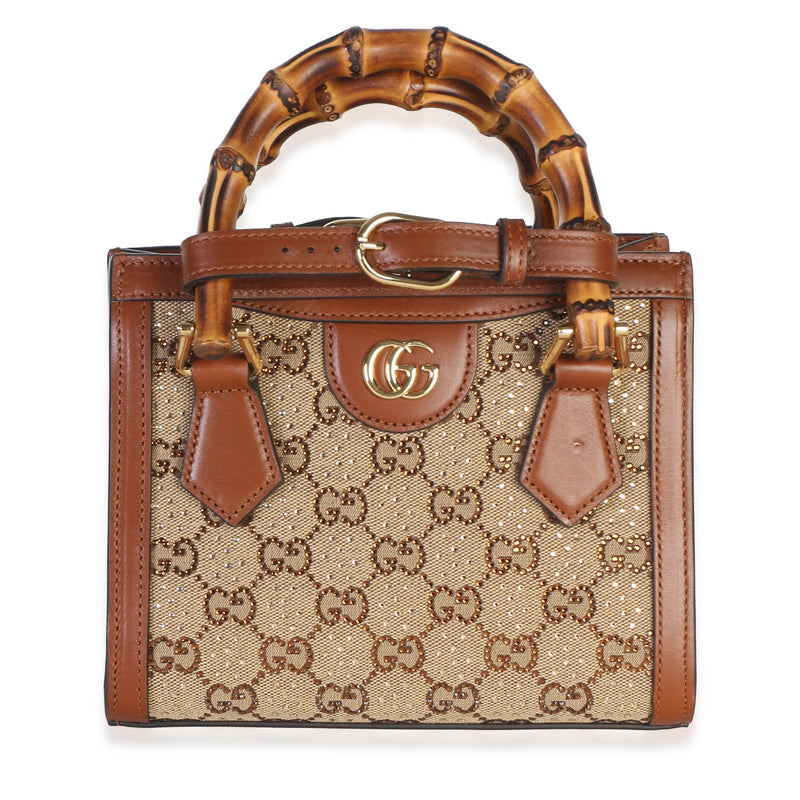 Gucci Brown New Canvas Charisma Calfskin Crystal GG Monogram Mini Diana Tote Handbag id