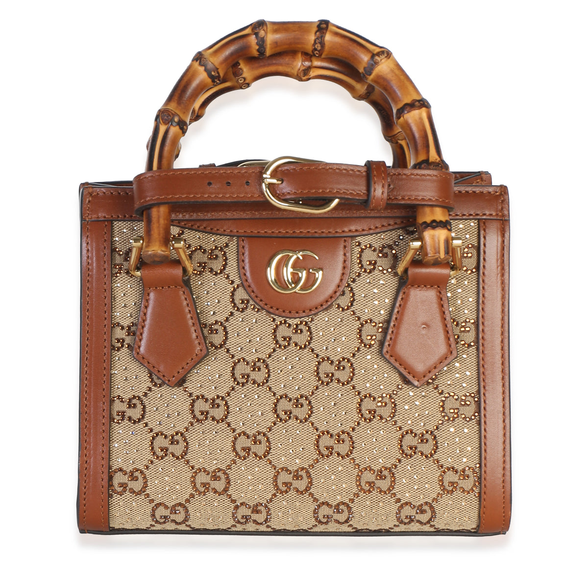 Gucci Brown New Canvas Charisma Calfskin Crystal GG Monogram Mini Diana Tote Handbag id