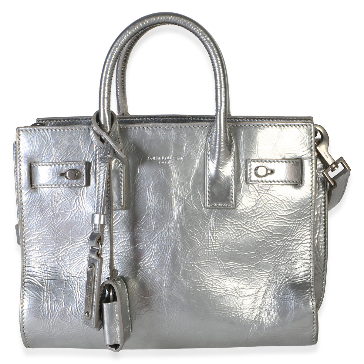 Saint Laurent Silver Metallic Crinkled Calfskin Nano Supple Sac De Jour Handbag 2