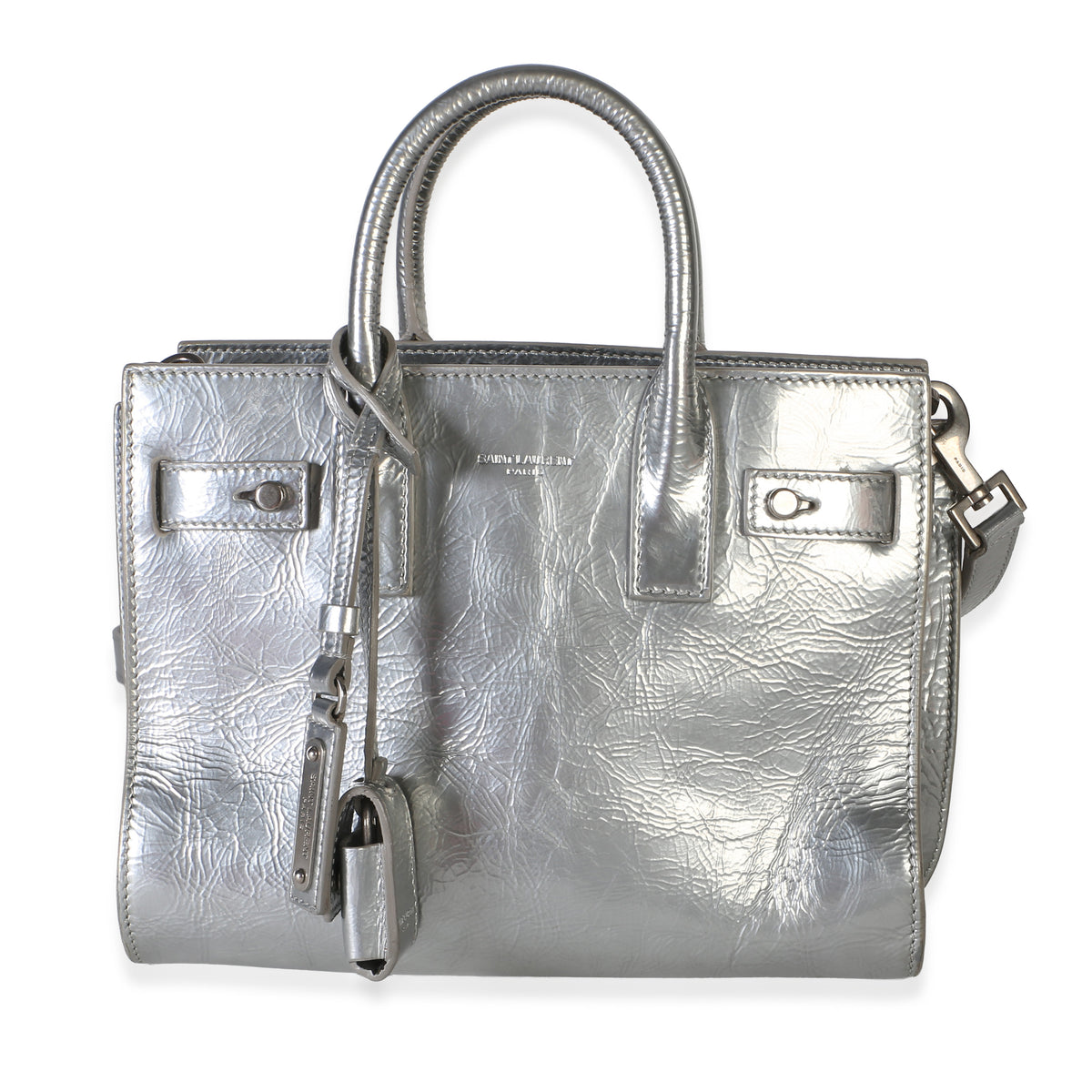 Saint Laurent Silver Metallic Crinkled Calfskin Nano Supple Sac De Jour Handbag id