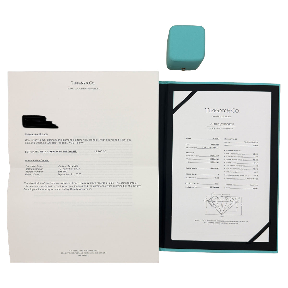 Tiffany & Co. 0.36 ct Round Brilliant Diamond Engagement Ring box
