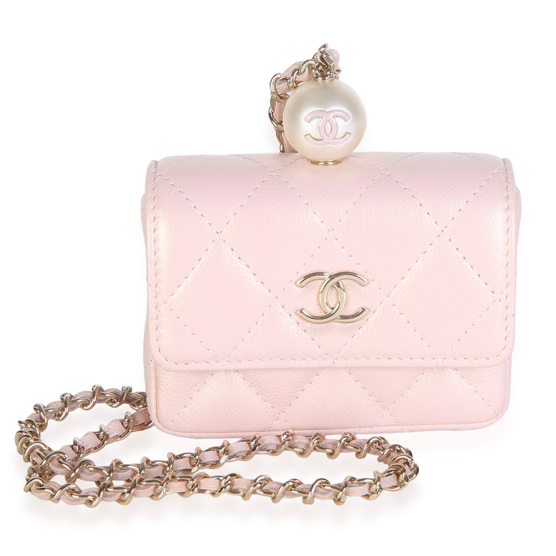 Chanel Pink Iridescent Caviar Pearl Card Holder With Chain Handbag id