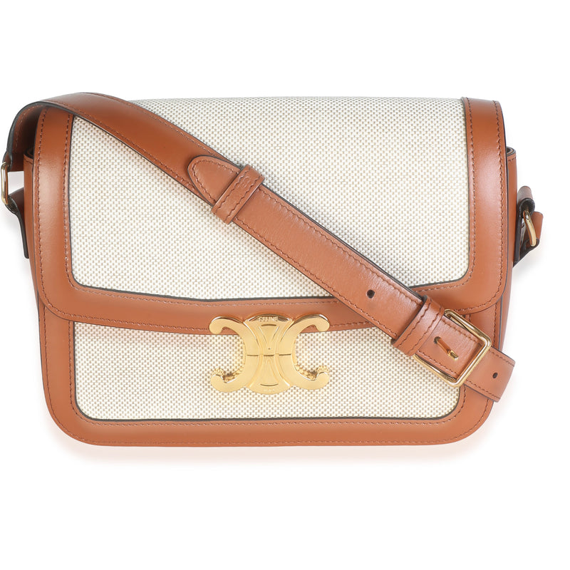 Celine White Tan Textile Natural Calfskin Medium Triomphe Bag Handbag id