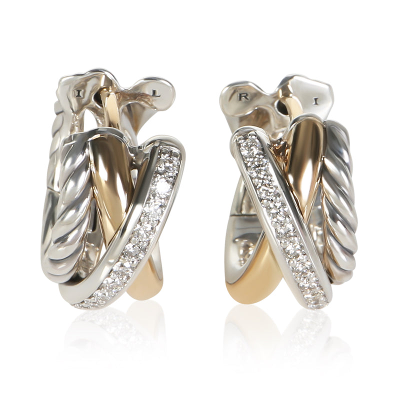 David Yurman Yellow Gold & Sterling Silver Diamond Crossover 3 Row Huggie Earrin fv