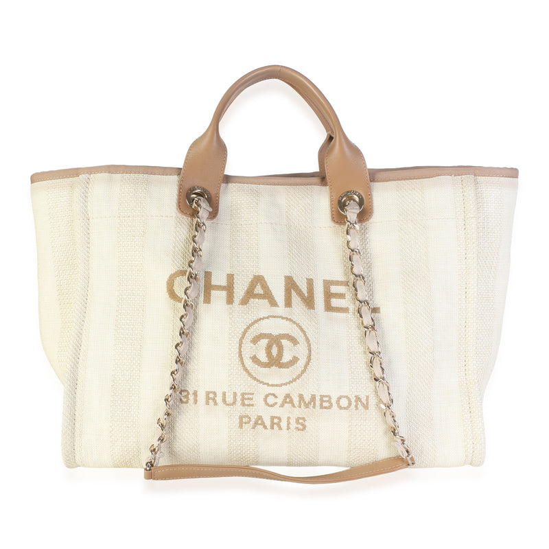 Chanel Beige Striped Mixed Fibers Large Deauville Tote Handbag id