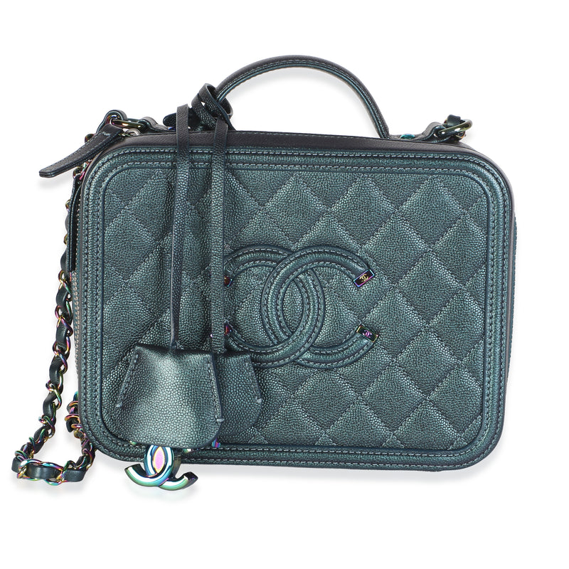 Chanel Dark Turquoise Iridescent Quilted Caviar Medium CC Filigree Vanity Case Handbag id