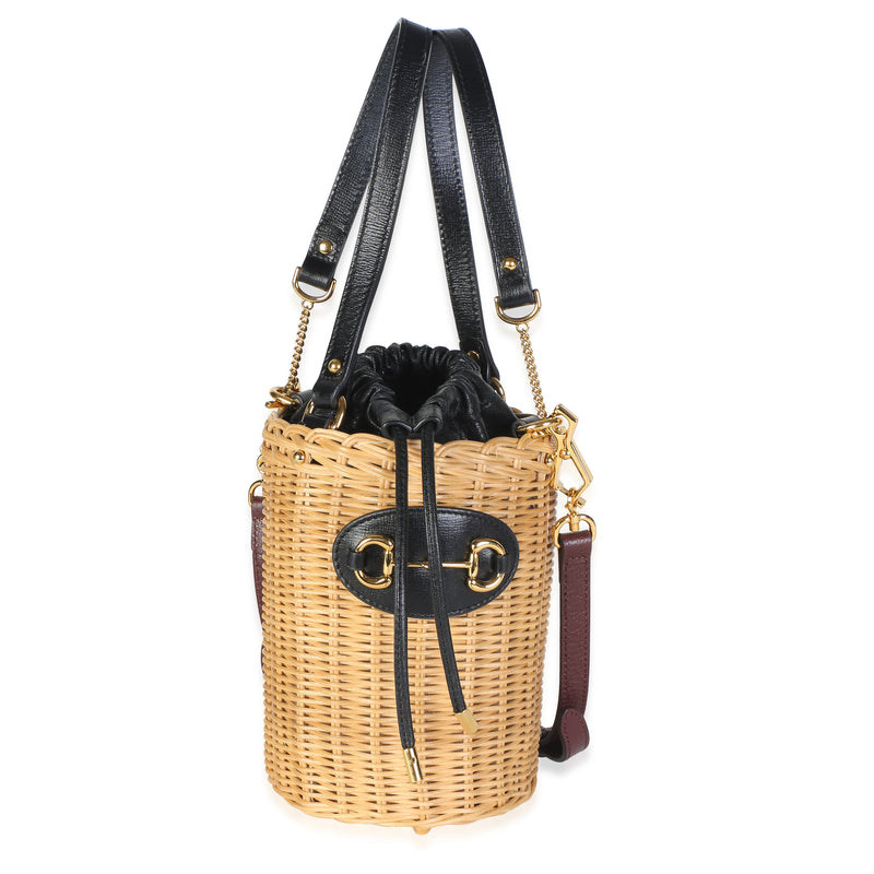 Gucci Black Calfskin Wicker Horsebit 1955 Small Bucket Bag Handbag id