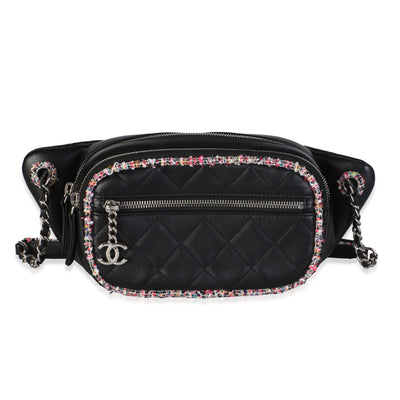Chanel Black Quilted Lambskin Pink Tweed CC Waist Bag Handbag id