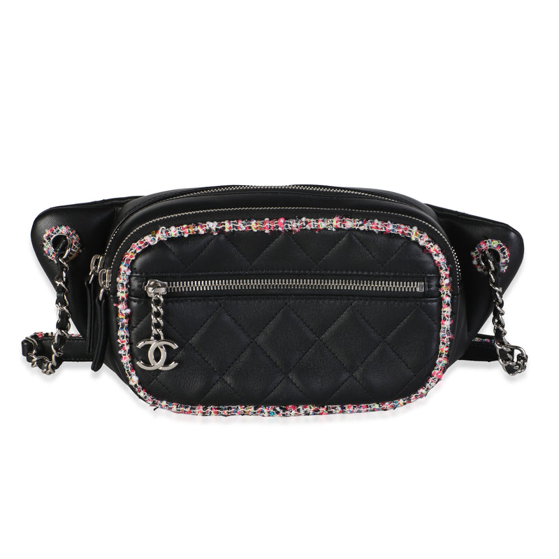 Chanel Black Quilted Lambskin Pink Tweed CC Waist Bag Handbag id