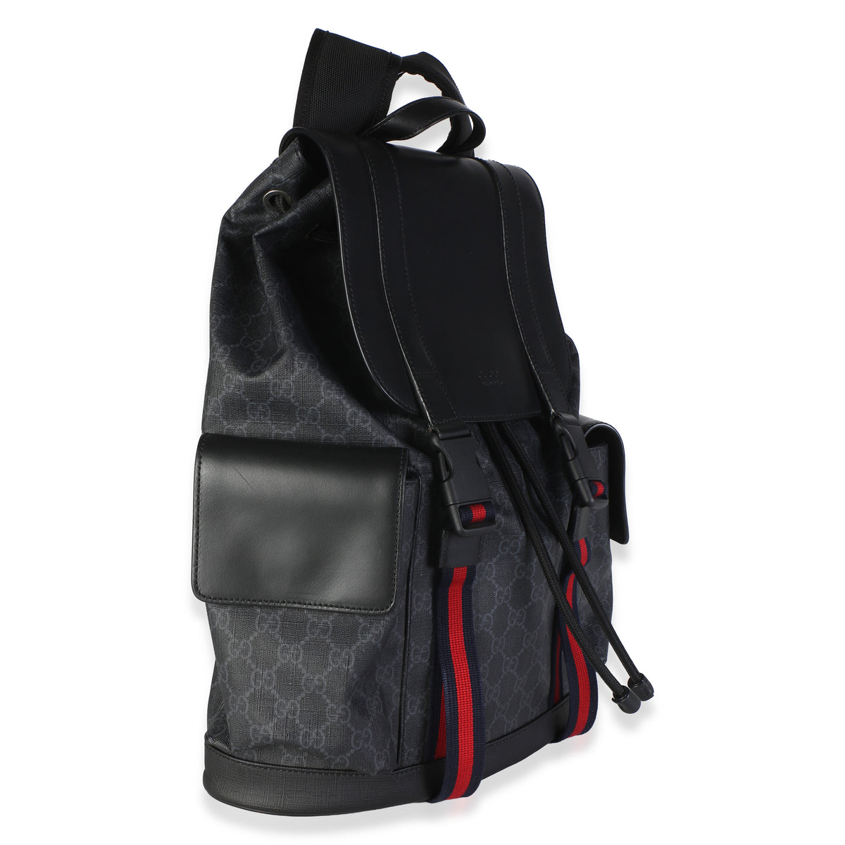 Gucci Black Soft GG Supreme Canvas Calfskin Web Double Buckle Backpack Handbag 3