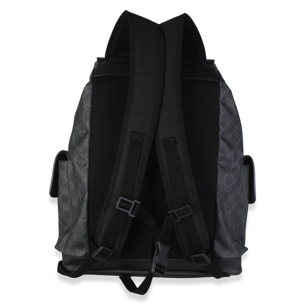 Gucci Black Soft GG Supreme Canvas Calfskin Web Double Buckle Backpack Handbag 4