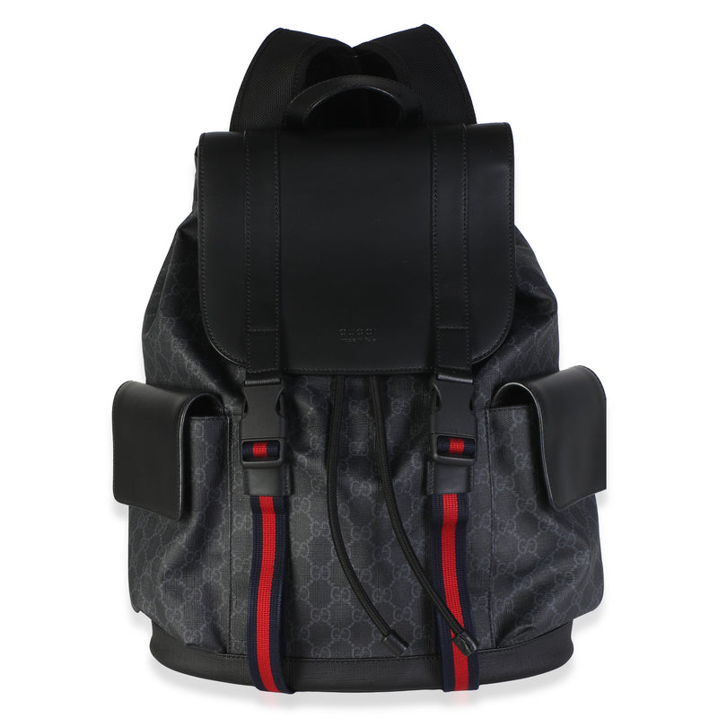 Gucci Black Soft GG Supreme Canvas Calfskin Web Double Buckle Backpack Handbag fv