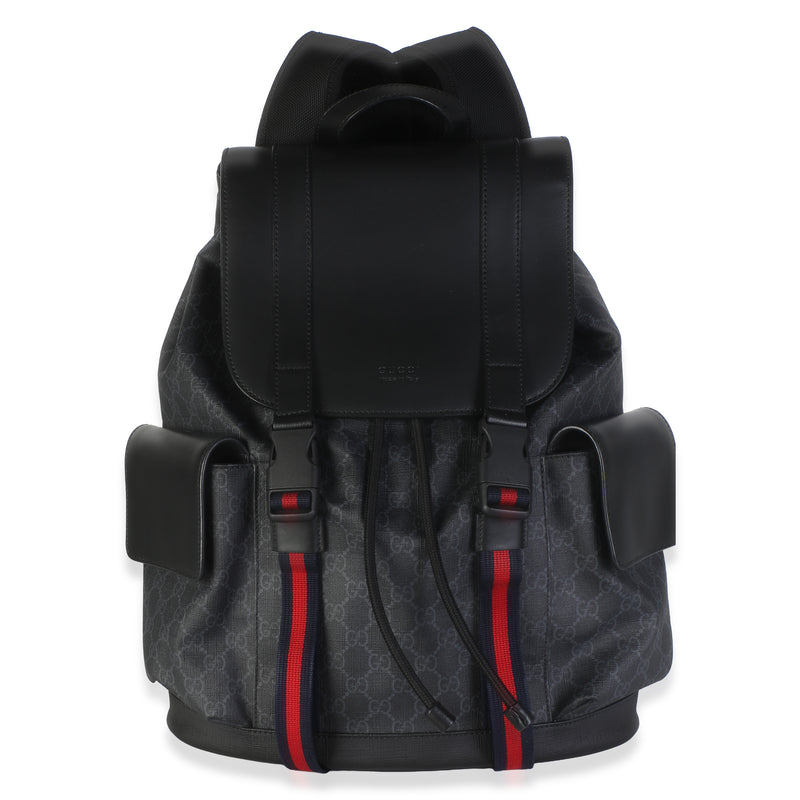 Gucci Black Soft GG Supreme Canvas Calfskin Web Double Buckle Backpack Handbag id