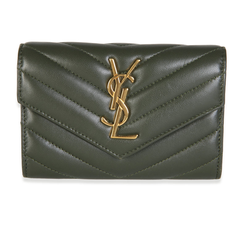 Saint Laurent Olive Wood Nappa Matelasse Chevron Small Monogram Envelope Wallet Wallet id