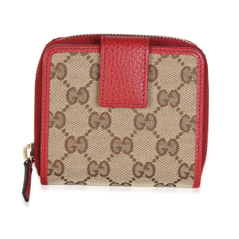 Gucci Red Beige GG Canvas Dollar Calfskin Zip Around French Flap Wallet Wallet id