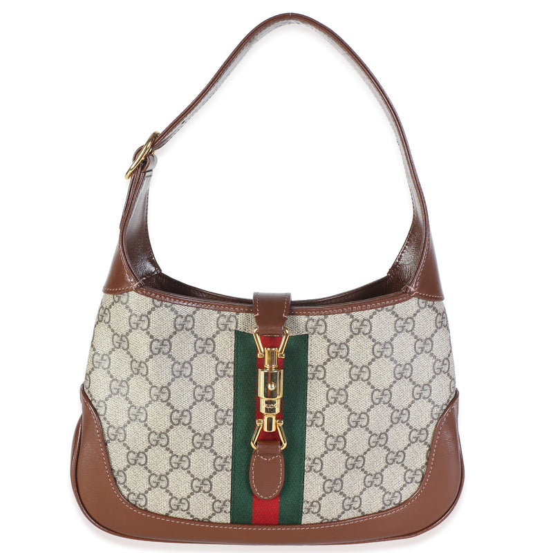 Gucci Beige Ebony GG Supreme Canvas Azalea Calfskin Web Small Jackie 1961 Hobo Handbag id