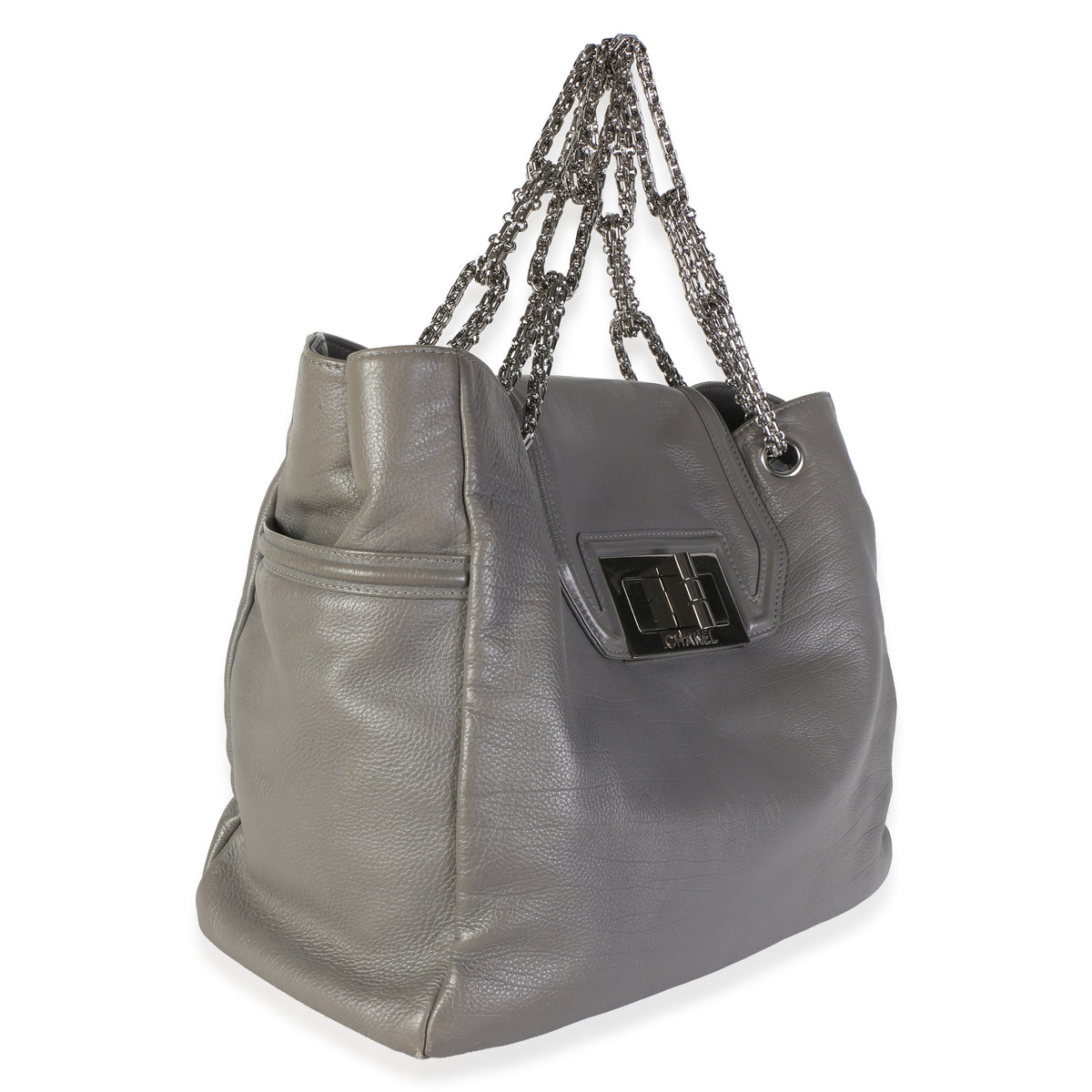 Chanel Grey Calfskin Mademoiselle Lock Bijoux Chain Tote Handbag 4